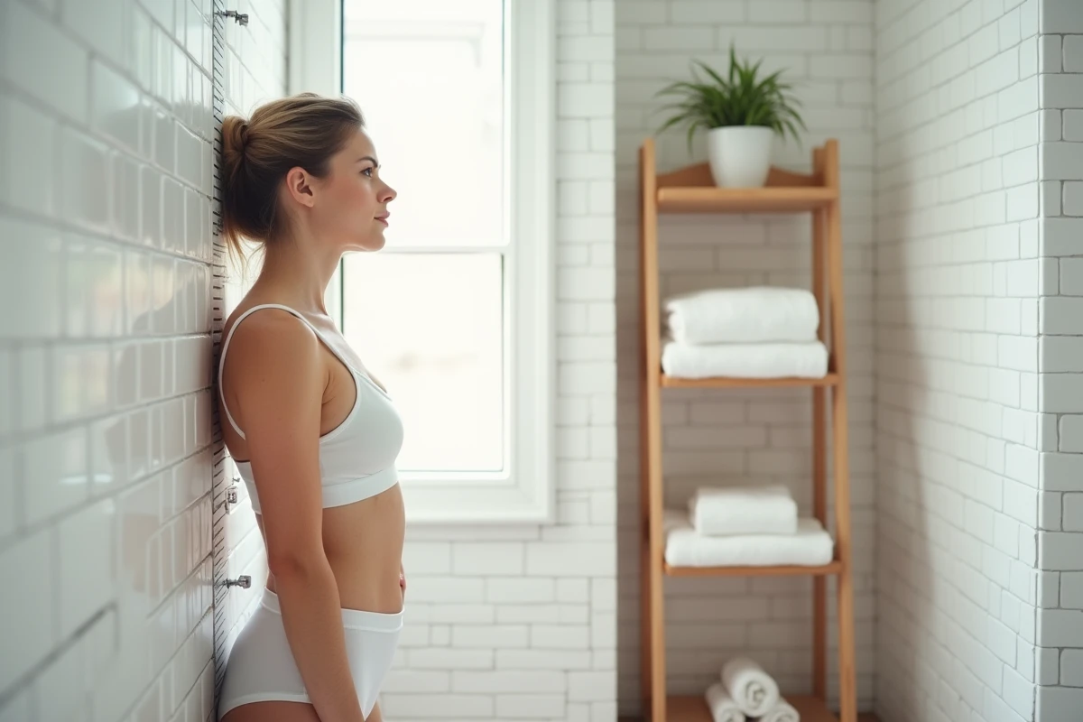 Femme mesurant sa taille debout contre une toise murale dans une salle de bain moderne