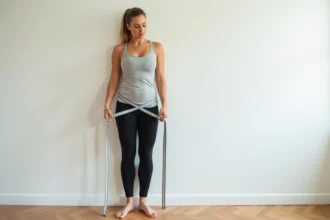 Femme mesurant son tour de taille avec un mètre ruban chez elle, debout contre un mur blanc