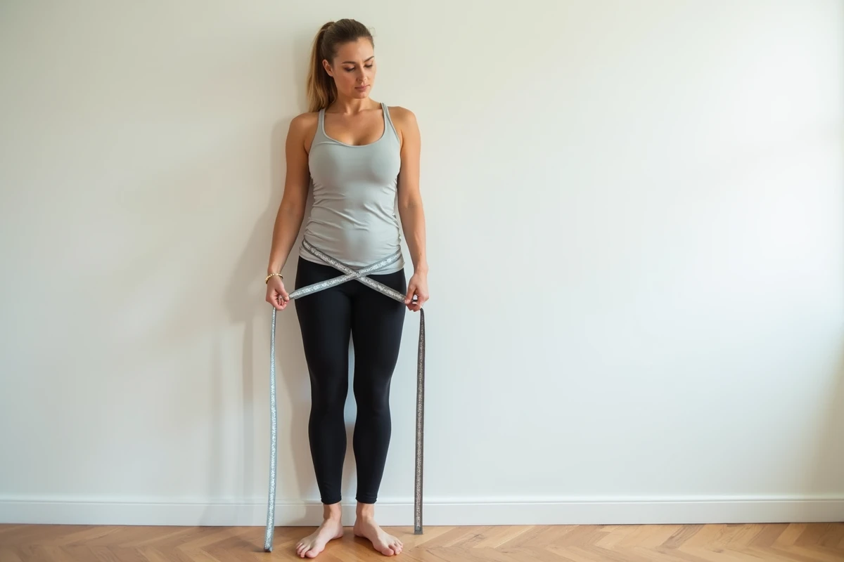 Femme mesurant son tour de taille avec un mètre ruban chez elle, debout contre un mur blanc