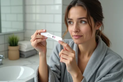 Femme en robe de chambre grise tenant un test de grossesse et observant la barre d'évaporation dans une salle de bain moderne