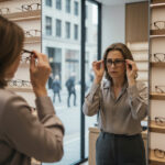 Femme d affaires essayant des lunettes devant un miroir
