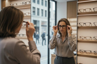 Femme d affaires essayant des lunettes devant un miroir