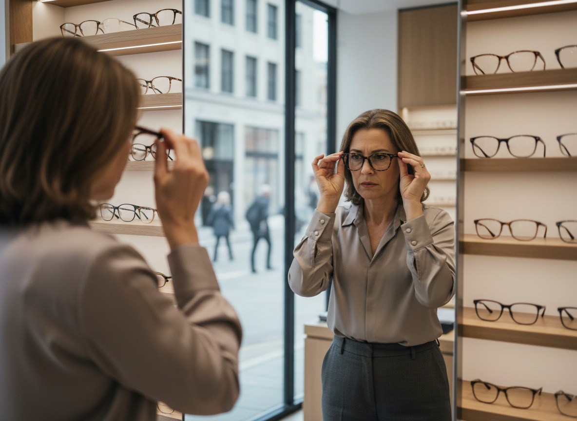 Femme d affaires essayant des lunettes devant un miroir