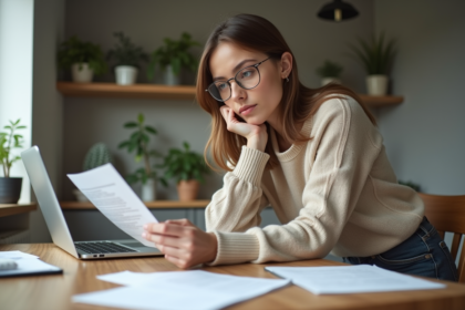 Femme concentrée lisant des documents médicaux à la maison