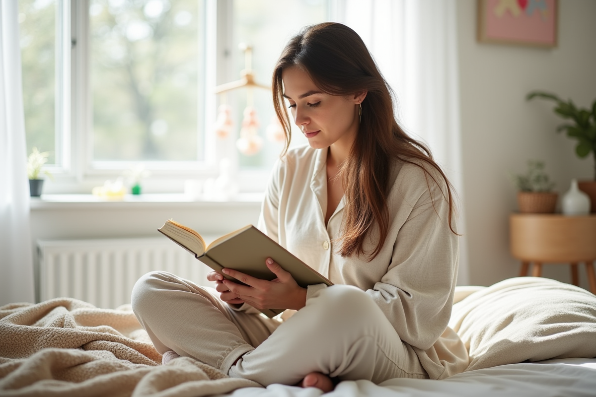 Femme postpartum lisant un livre sur les soins naturels