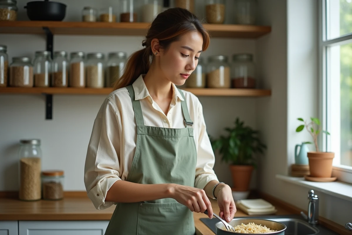 Jeune femme végétarienne préparant du riz complet dans une cuisine moderne avec des ingrédients naturels en arrière-plan