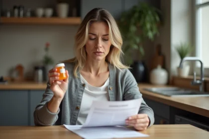 Femme d'âge mûr examinant sa prescription de Levothyrox à la maison, air préoccupé