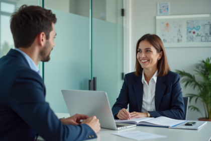 Femme professionnelle en santé discutant avec un jeune client dans un bureau moderne