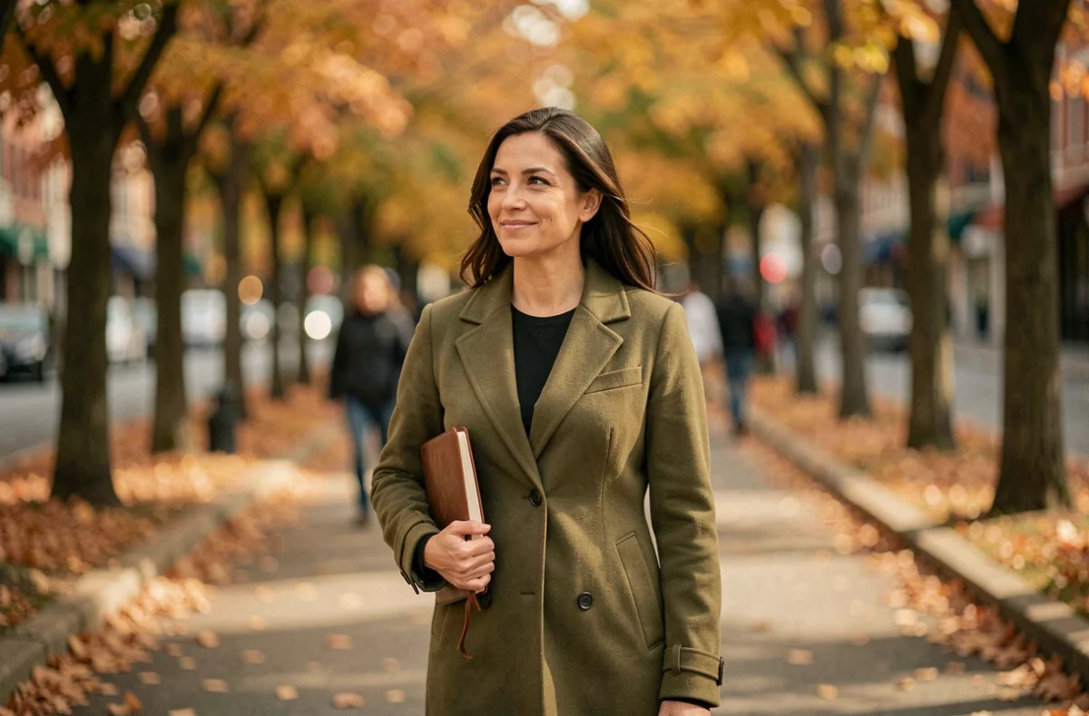 Femme se promenant en ville en automne avec un journal, symbolisant la réflexion personnelle et le cheminement intérieur abordés sur Positivia.fr