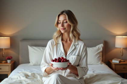 Femme en pyjamas coton tenant un bol de cerises