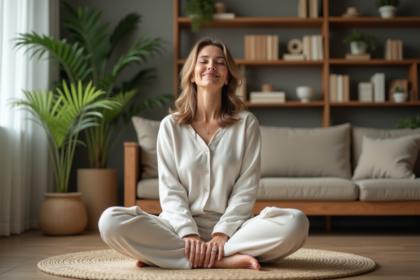 Femme détendue en loungewear dans un salon apaisant