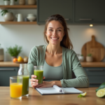 Femme souriante avec boisson aux herbes dans la cuisine
