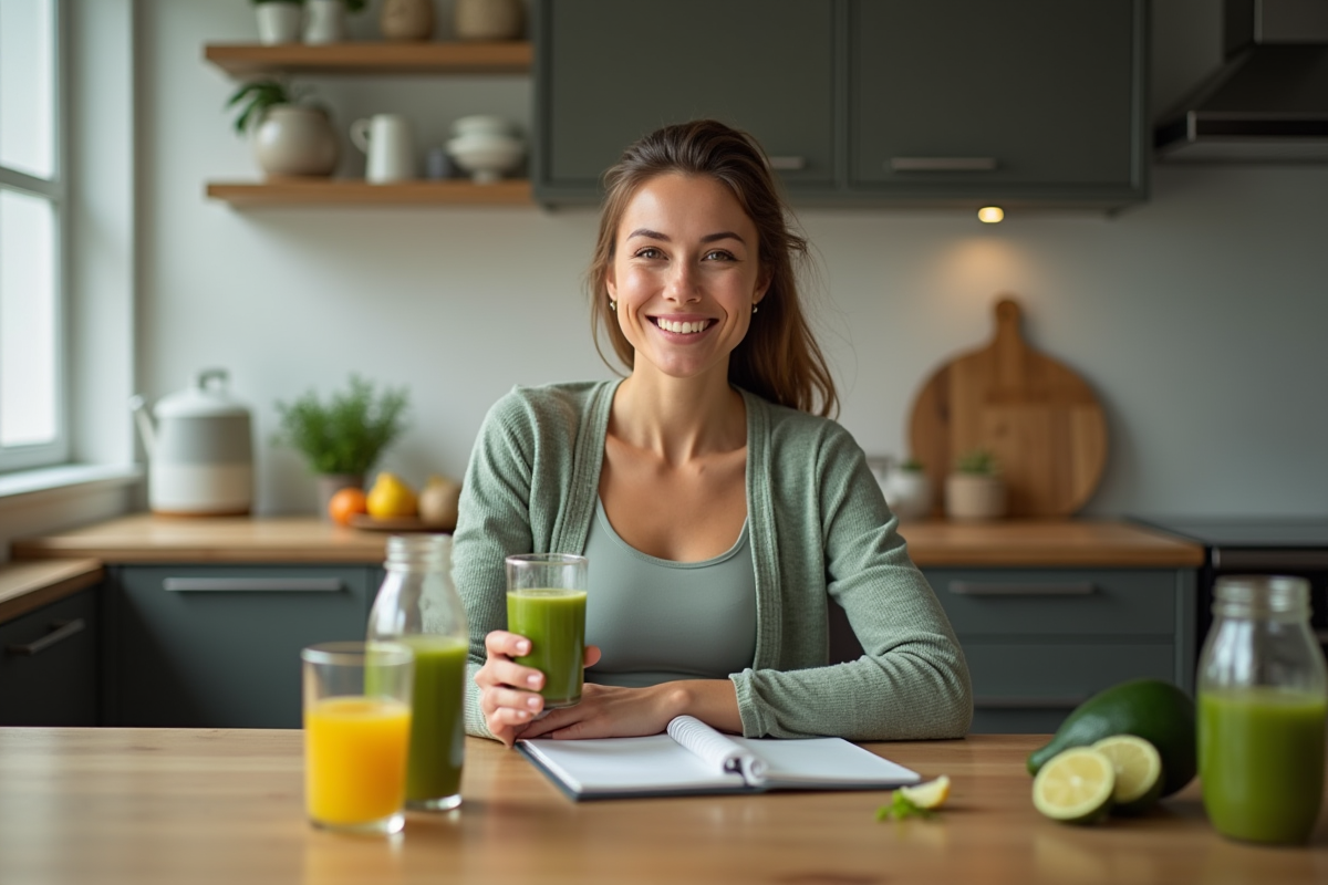 Femme souriante avec boisson aux herbes dans la cuisine