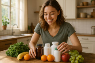 Jeune femme souriante dans une cuisine ensoleillee avec compléments naturels