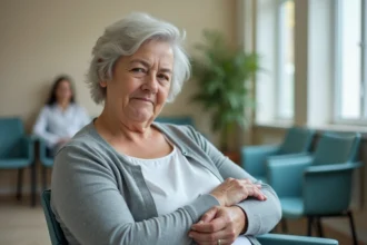 Femme d'âge moyen en salle d'attente médicale, l'air préoccupée, illustrant les symptômes d'un TCMH bas et la nécessité de consulter un médecin