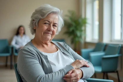 Femme d'âge moyen en salle d'attente médicale, l'air préoccupée, illustrant les symptômes d'un TCMH bas et la nécessité de consulter un médecin