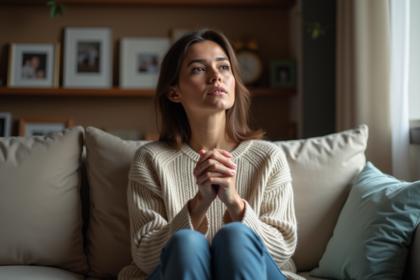 Femme assise sur un canapé en intérieur contemplant ses mains