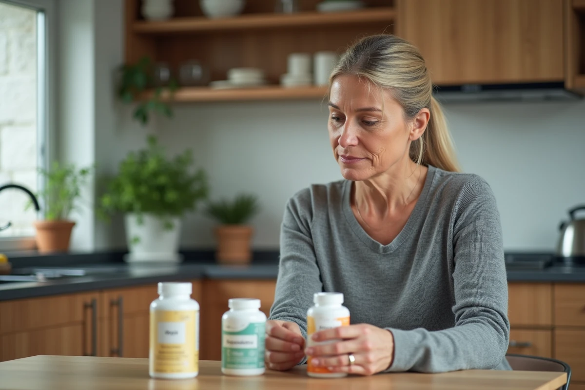 Femme d'âge moyen choisissant des compléments alimentaires