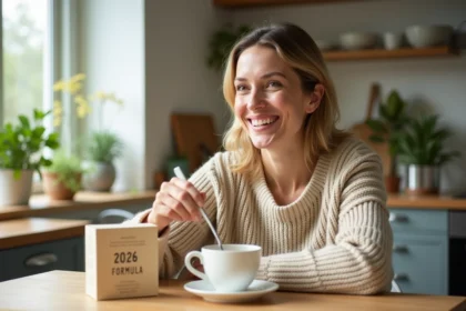 Femme souriante dans sa cuisine avec thé et formule 2026