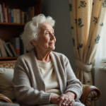 Femme senior assise dans son salon confortable