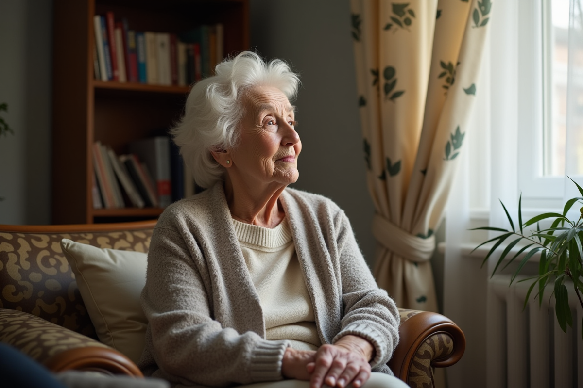 Femme senior assise dans son salon confortable