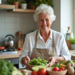 Femme senior souriante préparant une salade riche en vitamine B5