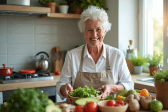Femme senior souriante préparant une salade riche en vitamine B5