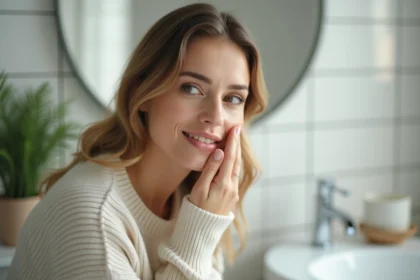 Femme appliquant soin visage dans salle de bain lumineuse