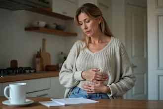 Femme d'âge moyen touchant son abdomen dans la cuisine
