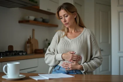 Femme d'âge moyen touchant son abdomen dans la cuisine