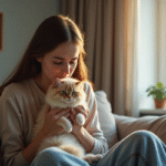 Jeune femme assise avec un chat dans un intérieur lumineux