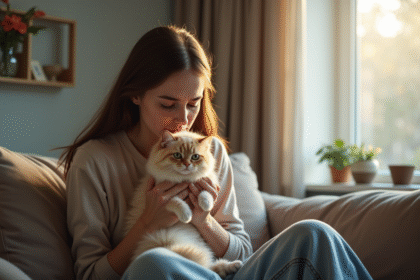 Jeune femme assise avec un chat dans un intérieur lumineux