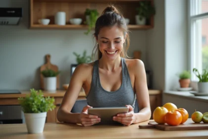 Femme souriante utilisant une tablette pour son plan repas