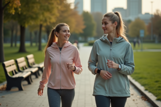 Femme en tenue sportive dans un parc urbain en marche