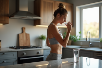 Femme sportive regardant un verre d'eau dans la cuisine moderne