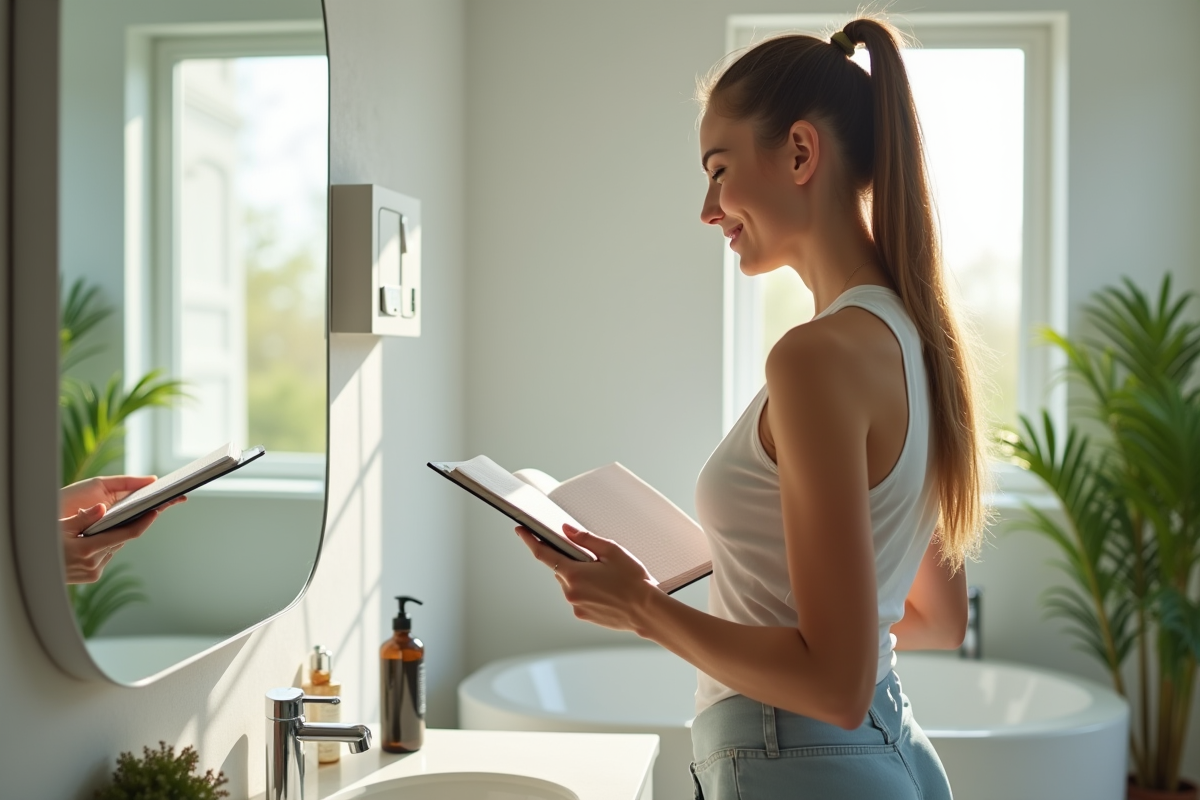Femme souriante suivant sa perte de poids sur une balance dans une salle de bain lumineuse
