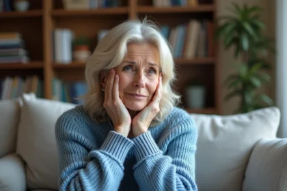 Femme d'âge moyen en pull bleu dans un salon calme