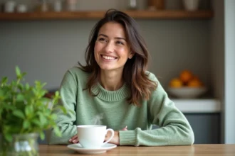 Femme en vert avec plante de menthe dans une cuisine moderne