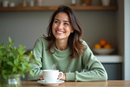 Femme en vert avec plante de menthe dans une cuisine moderne