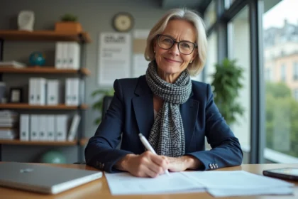 Femme d'âge moyen remplissant des papiers de santé dans un bureau lumineux