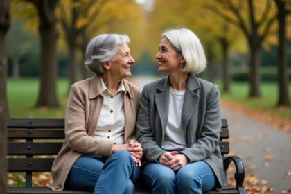 Deux femmes assises dans un jardin public en automne