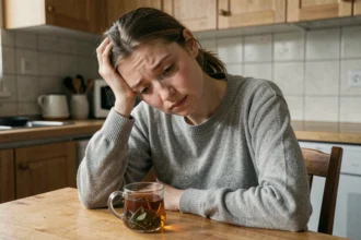 Jeune femme fatiguée avec un faible taux de ferritine assise à sa table de cuisine, teint pâle et cernes visibles