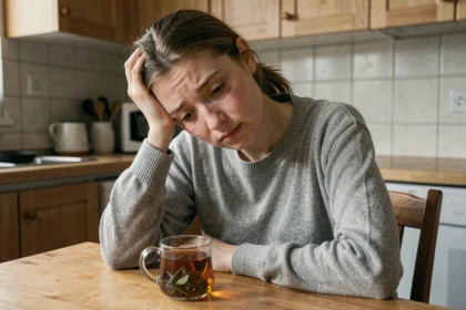 Jeune femme fatiguée avec un faible taux de ferritine assise à sa table de cuisine, teint pâle et cernes visibles
