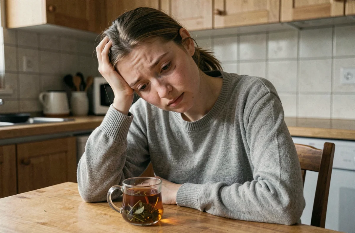 Jeune femme fatiguée avec un faible taux de ferritine assise à sa table de cuisine, teint pâle et cernes visibles