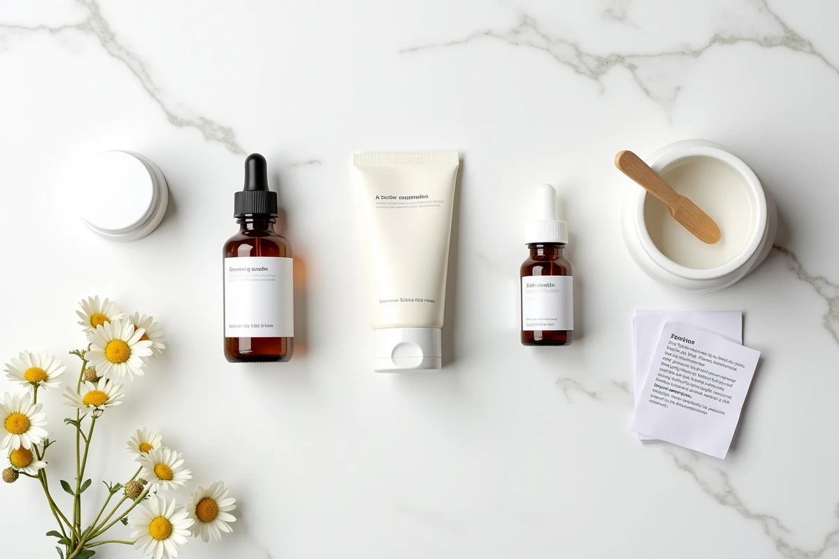 Flat-lay de produits de soins dermatologiques alternatives à Ialuset, crèmes et sérums sur marbre blanc
