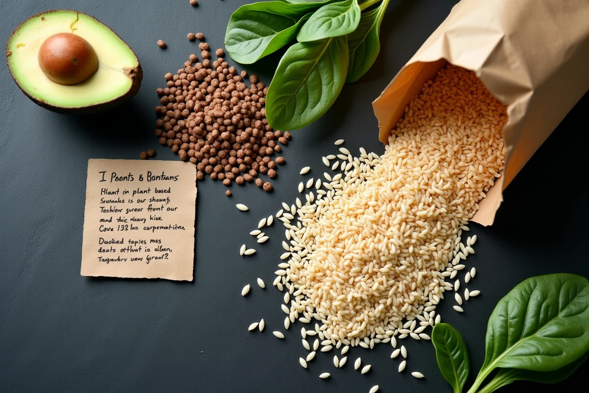 Vue de dessus composition flat-lay avec riz complet cru, lentilles, avocat et épinards sur ardoise, concept alimentation végétarienne riche en protéines et fibres