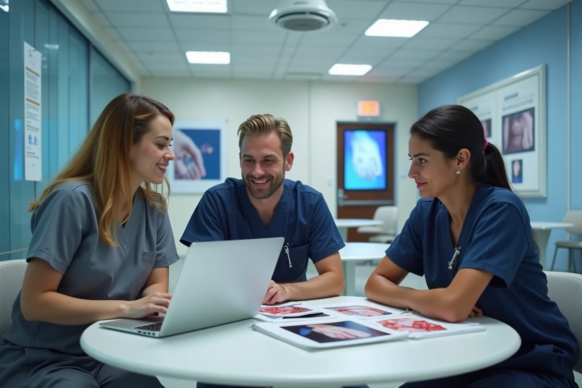 Groupe de stagiaires en soins infirmiers consultant des supports pédagogiques visuels sur la prévention des escarres de stade 1 en centre de simulation