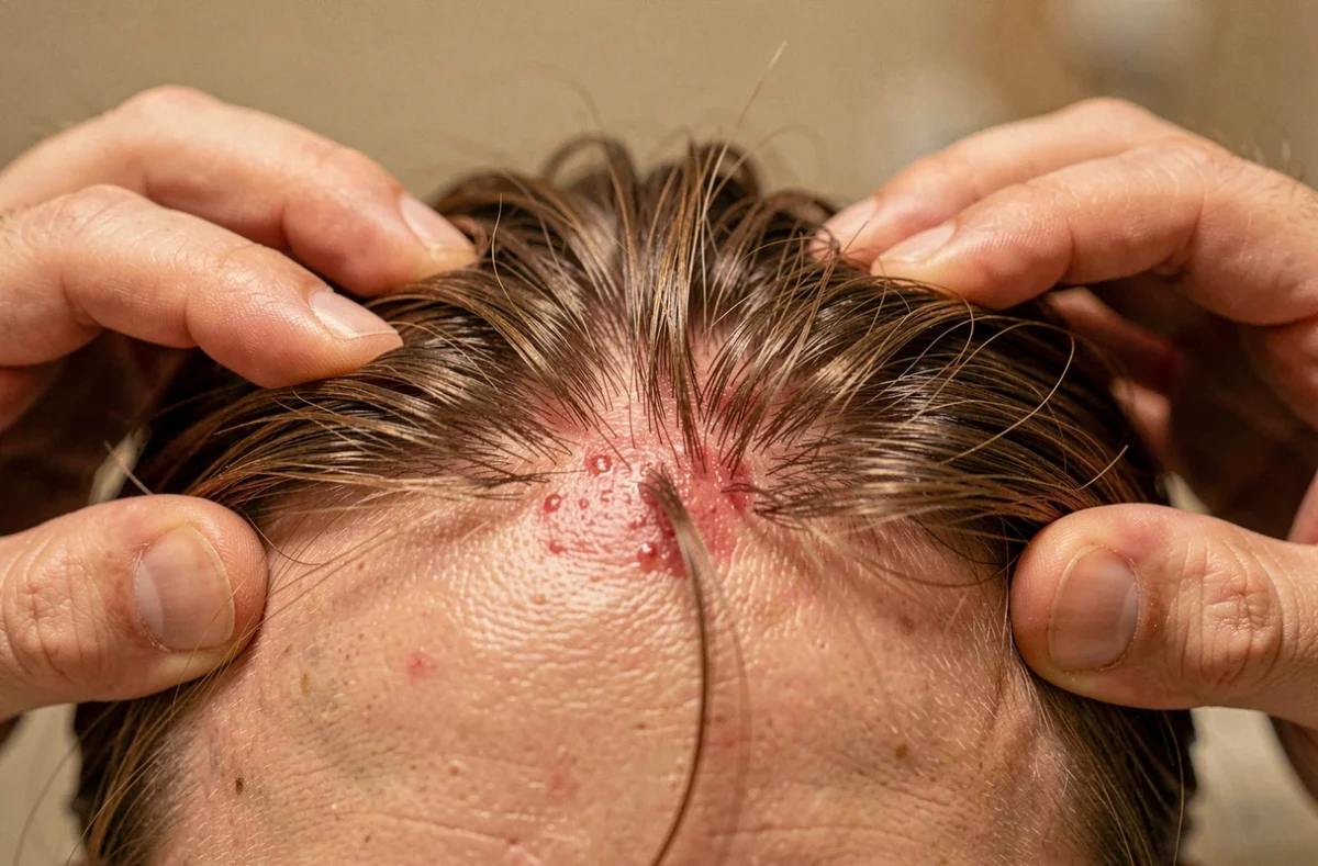 Gros plan sur un bouton rouge douloureux sur le cuir chevelu visible entre les cheveux