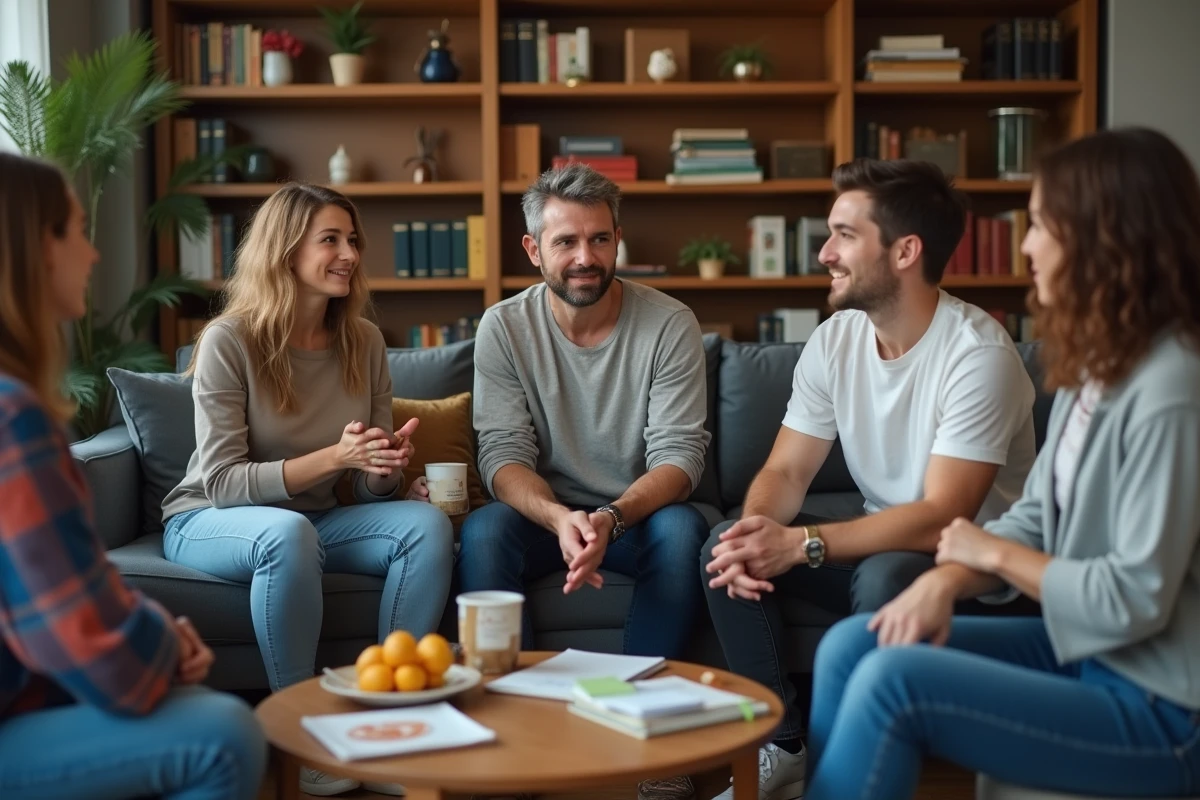 Groupe de personnes discutant dans un salon convivial