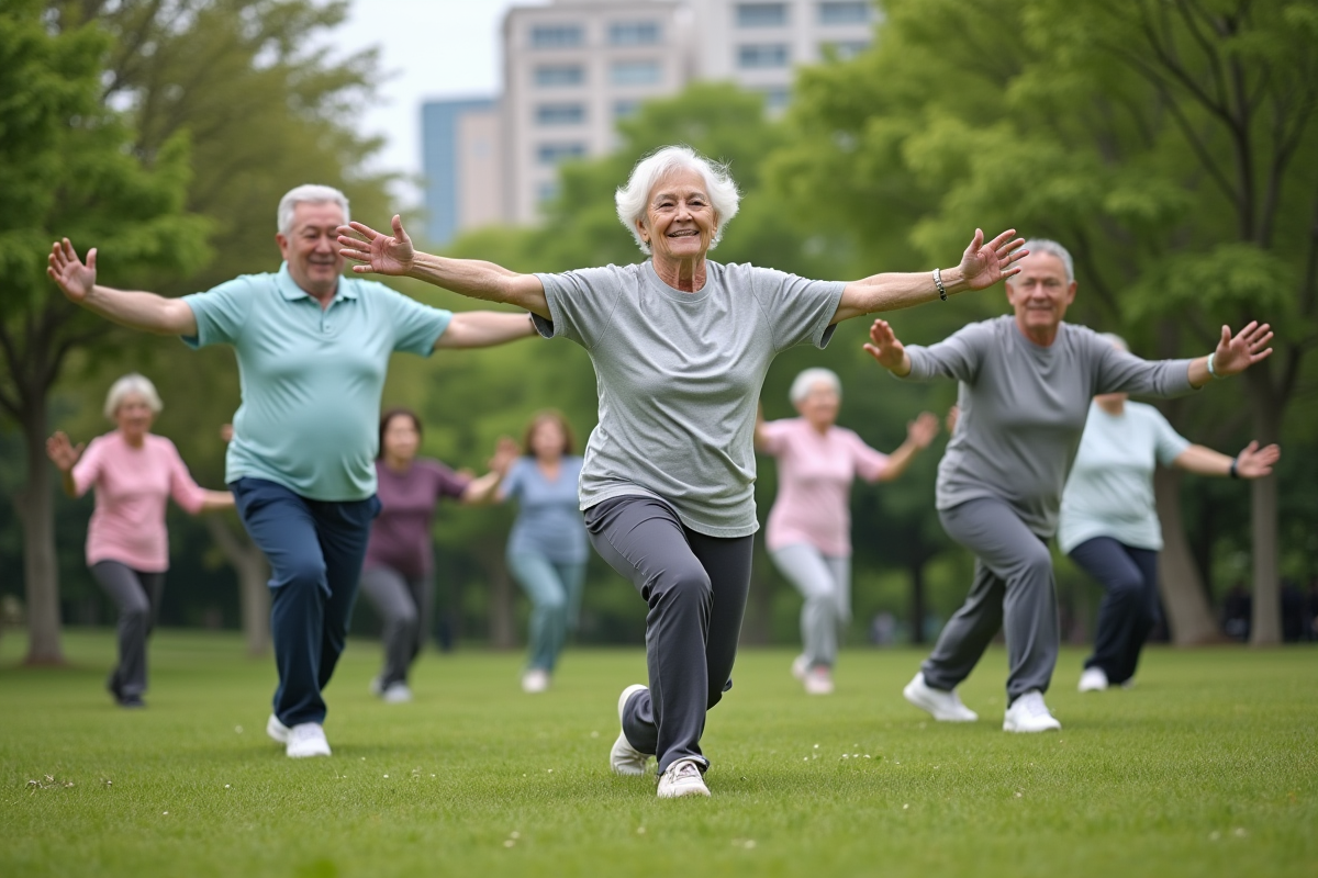 Groupe de seniors pratiquant le tai chi dans un parc urbain